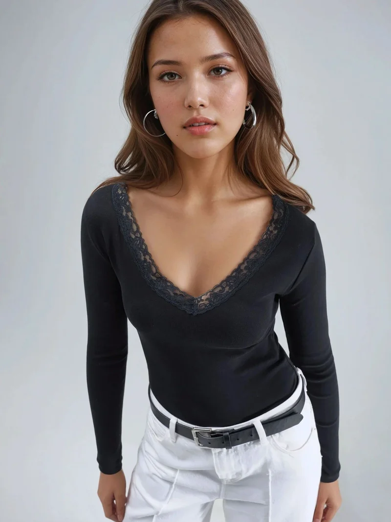 بوسيم BUSEM Slim Fit V-Neck Blouse with Lace Detail